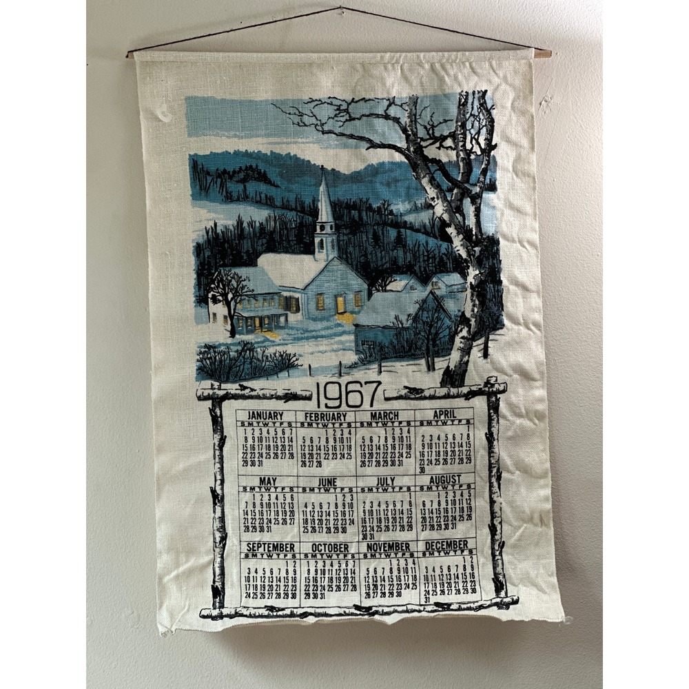 Vintage 1967 Linen Wall Calendar Towel Winter Church Scene Mid Century Decor